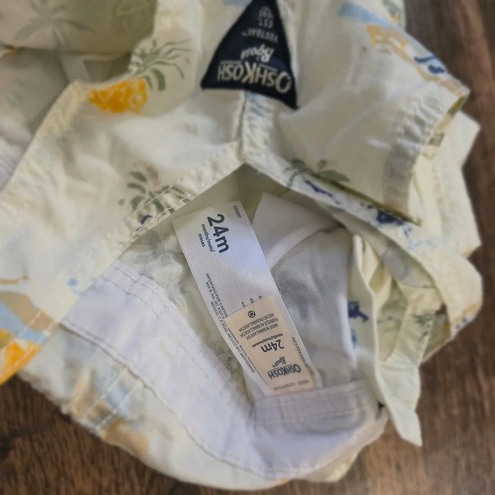 OSHKOSH Shortall Overalls Kids 24M Cream Tropical Pineapple Palm Tree Print